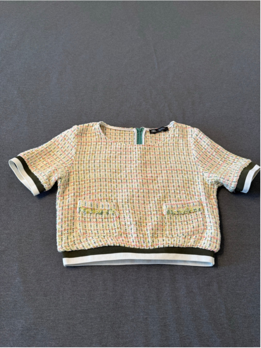 ZARA Multicolor Tweed Short Sleeve Round Neck Crop Top Size S - Picture 5 of 6